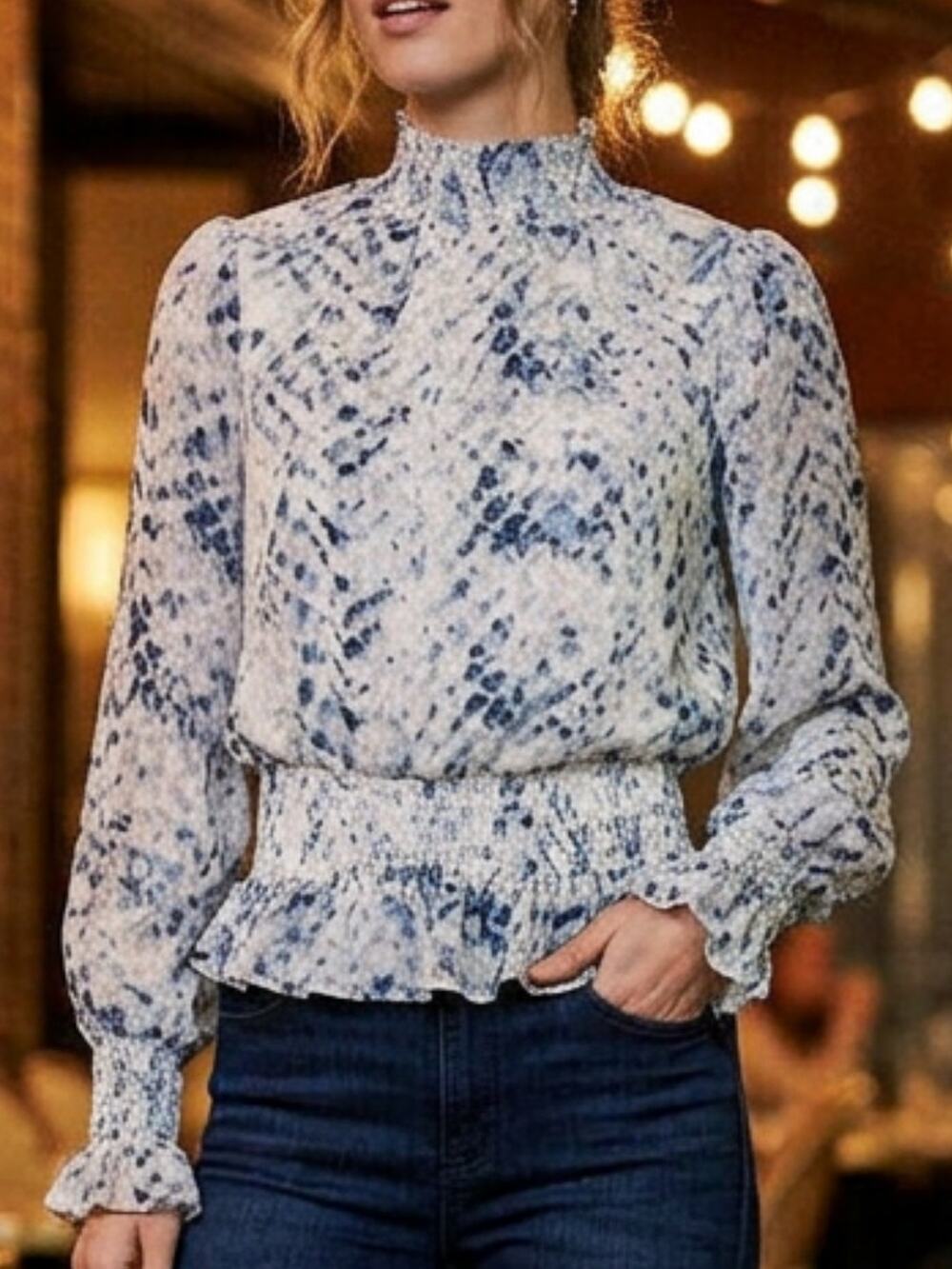 Japna Blue White Boho Blouse Sheer Sleeve Smocked Waist XS